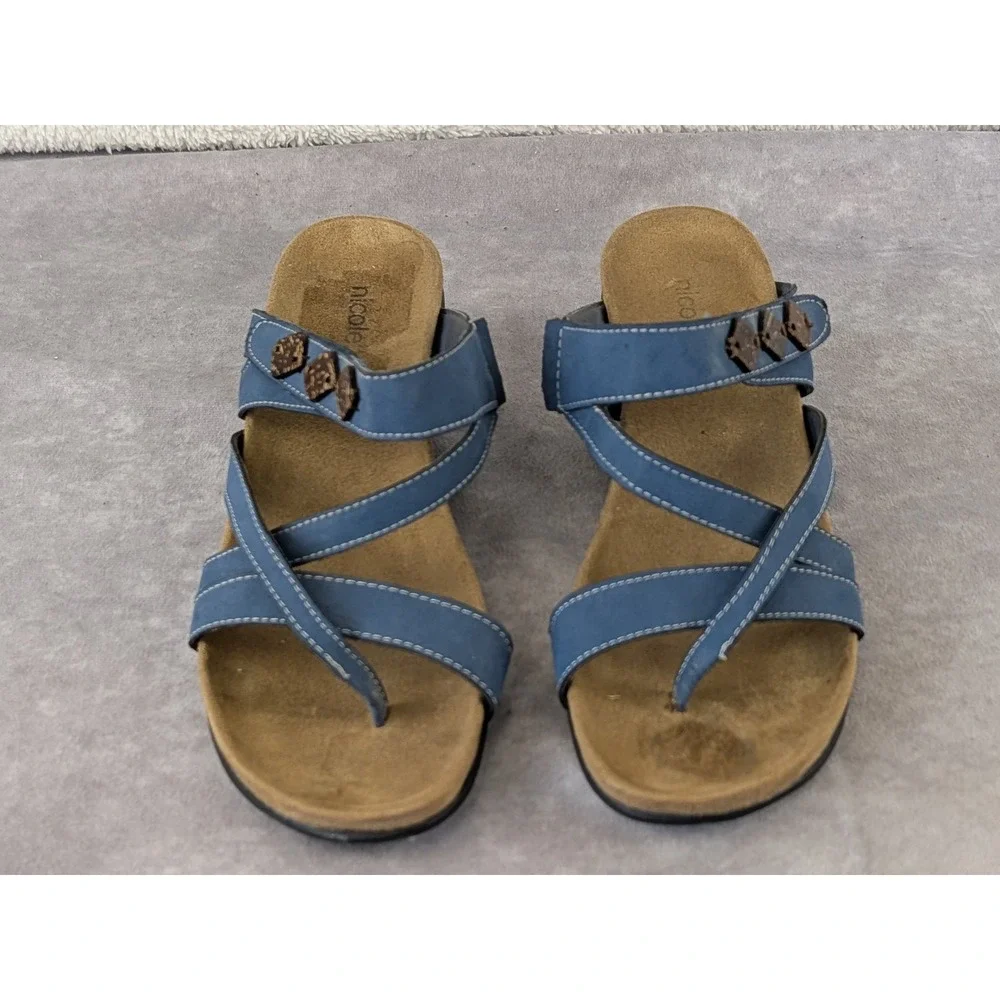 Nicole Albany Blue Strappy Wedge Sandals Womens 8.5 M Beaded Slides